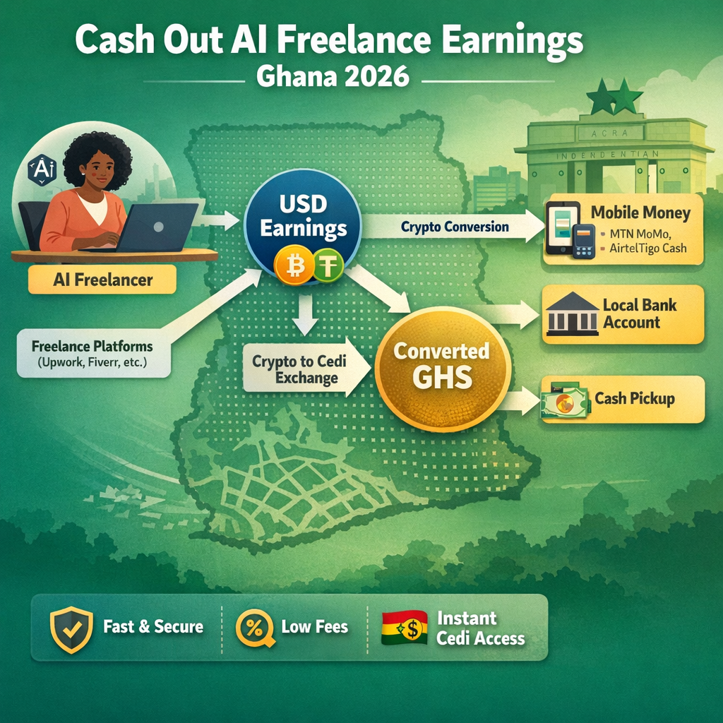 "cash out AI freelance earnings Ghana 2026 payment flow diagram"
