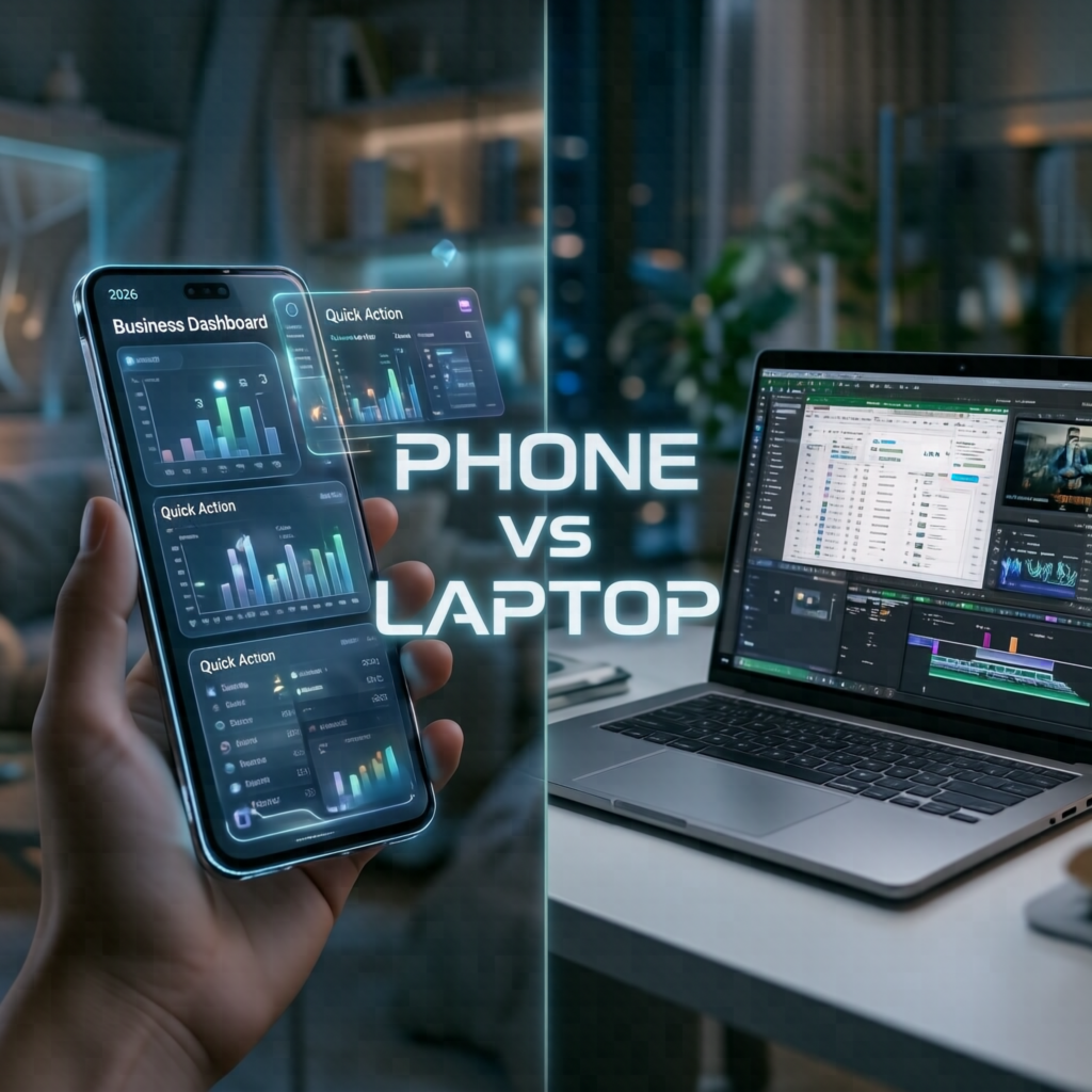 run online business smartphone 2026 phone vs laptop task breakdown