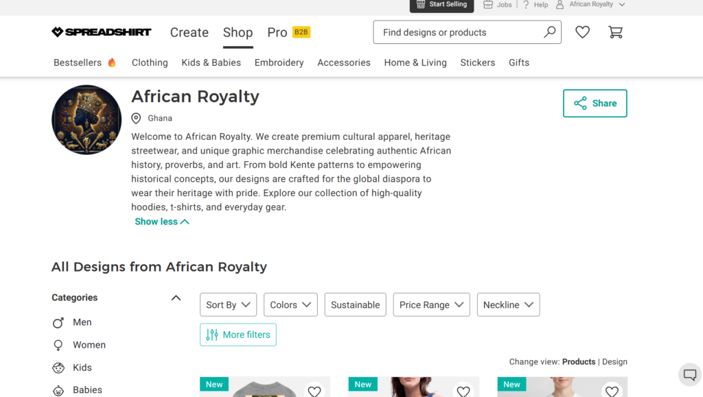 African Royalty print on demand Spreadshirt marketplace Africa 2026