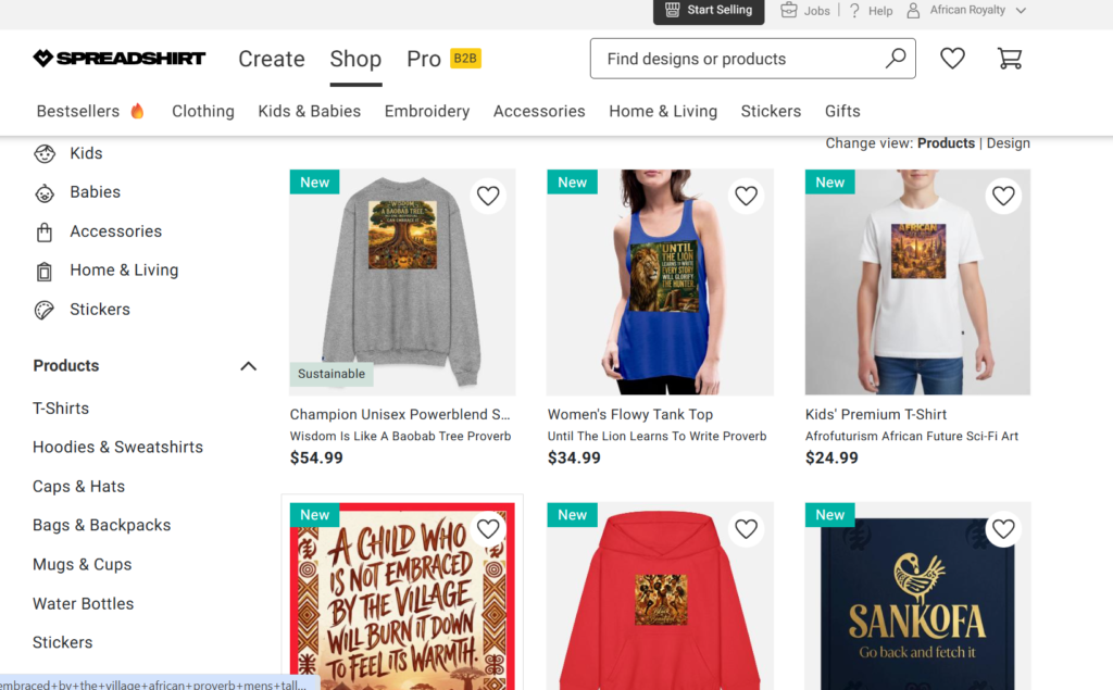 African Royalty print on demand Spreadshirt marketplace Africa 2026