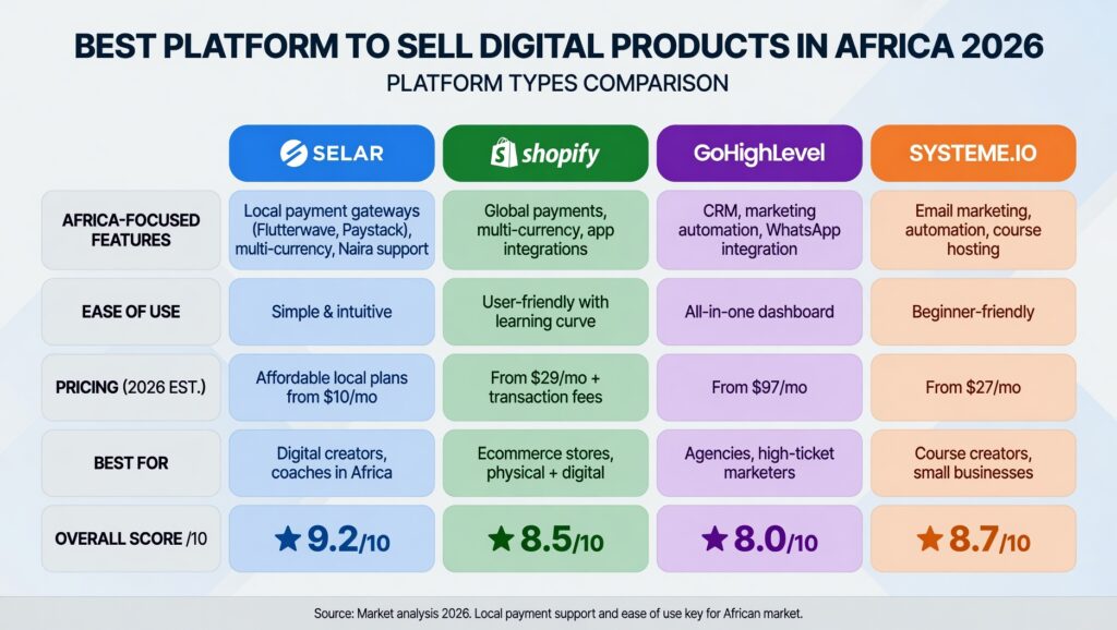 best platform sell digital products Africa 2026 Selar Systeme.io GoHighLevel Shopify comparison